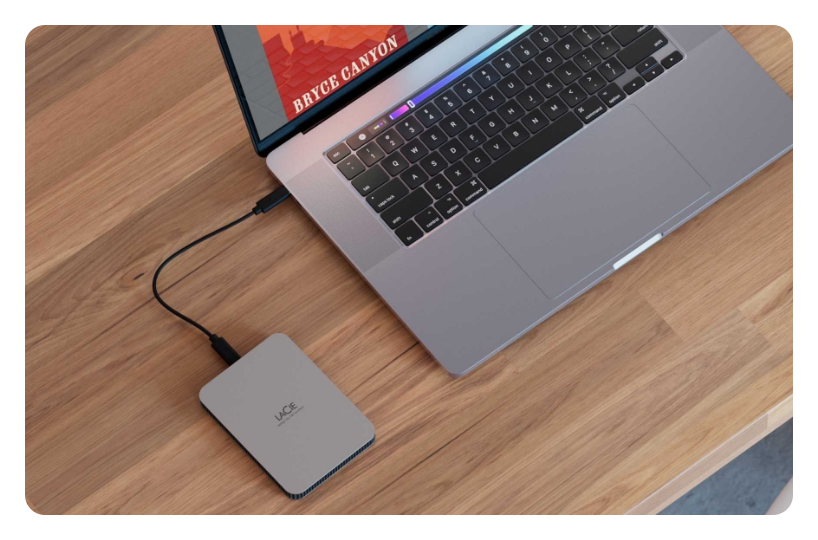 LaCie 5TB Mobile Drive connected to a laptop, LaCie 5TB Mobile Drive